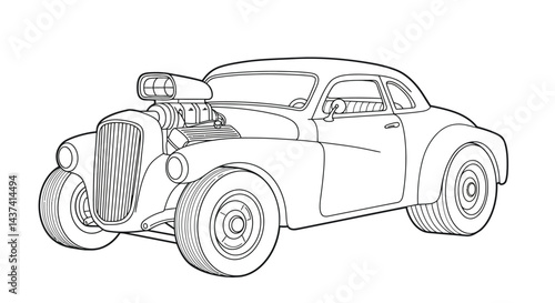 Fifties Era Hot Rod Car Outline for Childrens Classic Racing Vehicle Coloring