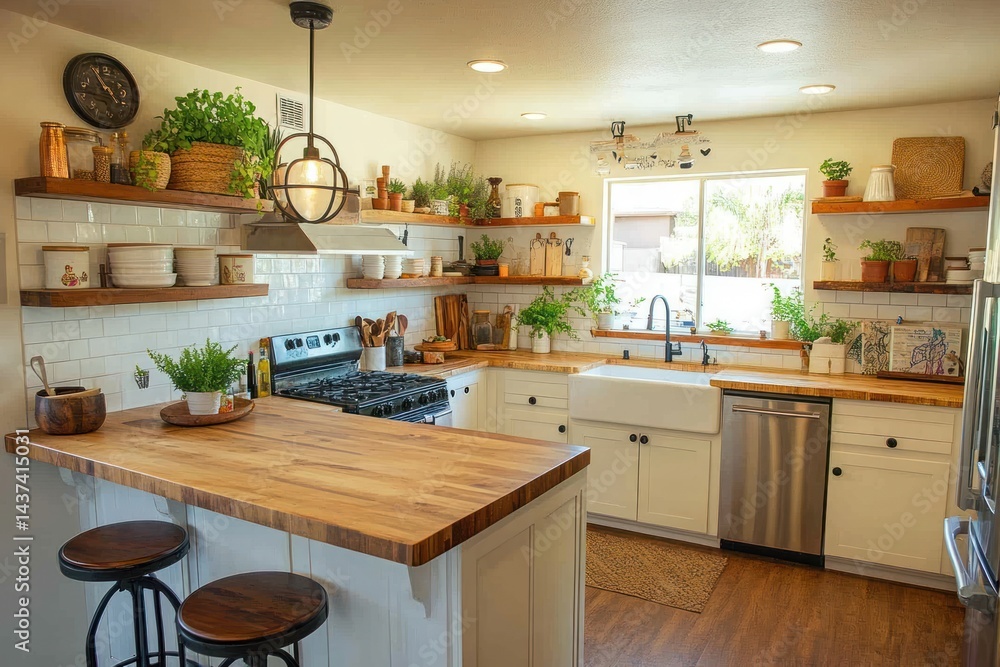 Fototapeta premium Farmhouse kitchen renovation, open shelving, plants, island