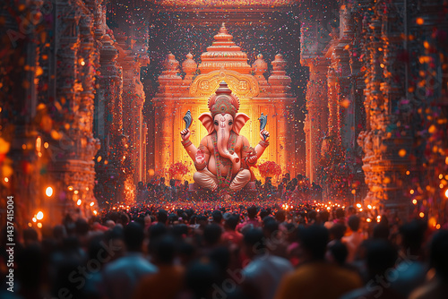 Celebrating Ganesh Chaturthi with vibrant confetti and grand decorations in a temple filled with devotees honoring Lord Ganesha