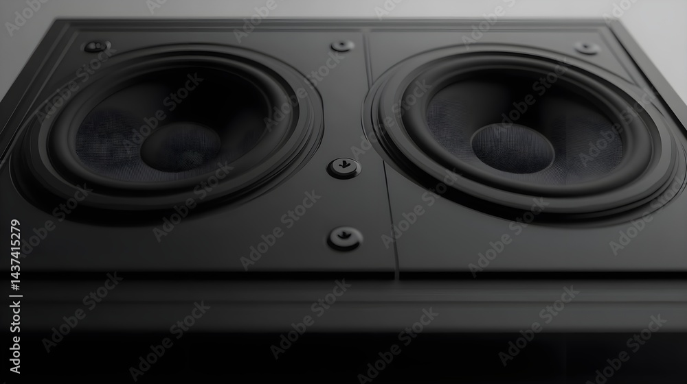 Close-Up of Two Black Speakers with Stylish Design and Detail Close-Up of Two Black Speakers with Stylish Design and Detail