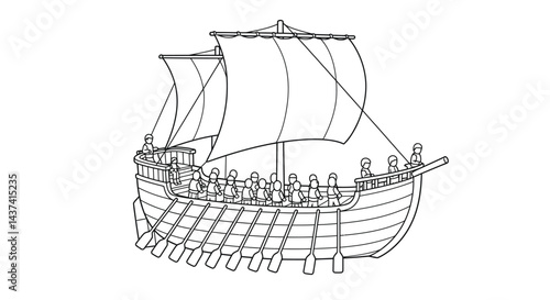 Child Friendly Medieval Ship Outline with Oars and Sails for Coloring Activity