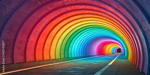 Abstract rainbow tunnel journey urban setting digital art vibrant colors wide angle creative exploration