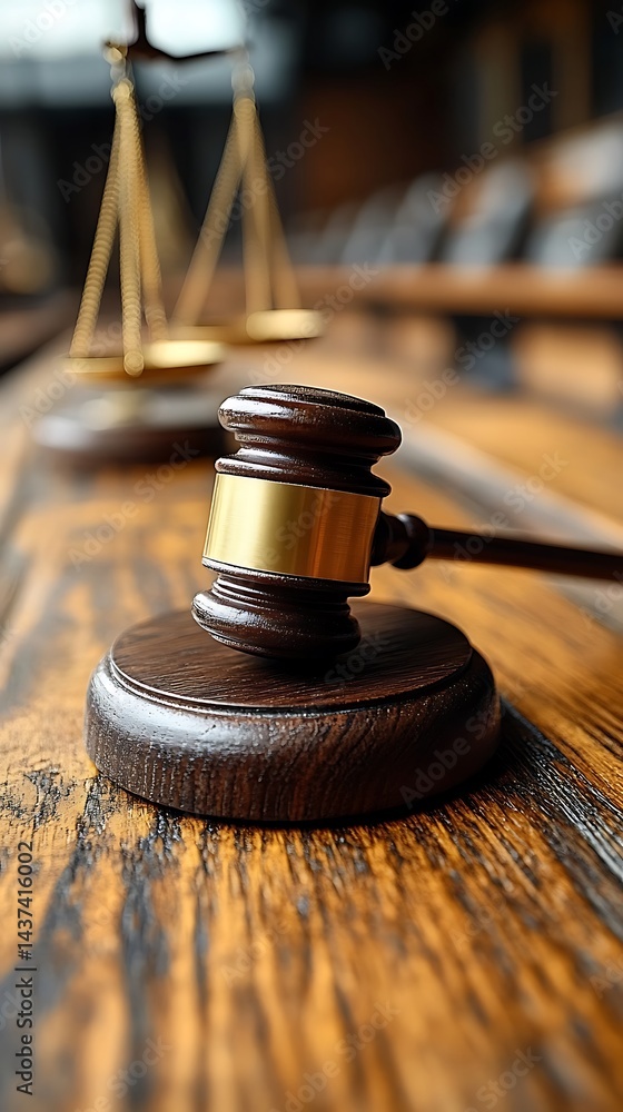 Wooden gavel and scales of justice on a courtroom table Wooden gavel and scales of justice on a courtroom table