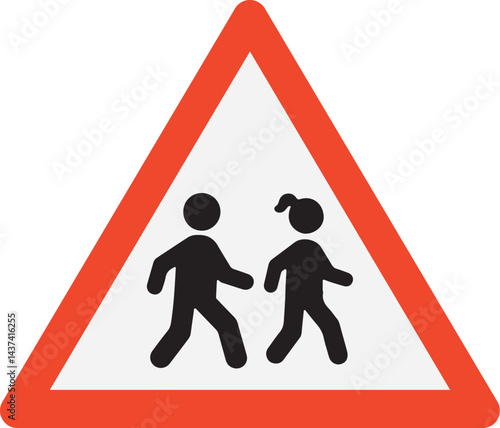 pedestrian crossing warning traffic sign with red triangle border on white background