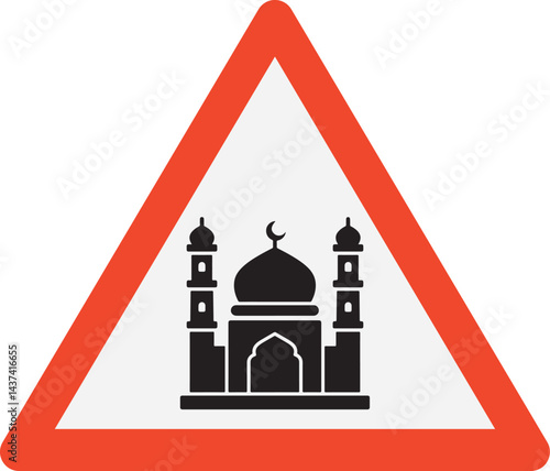 mosque nearby warning traffic sign with red triangle border on white background