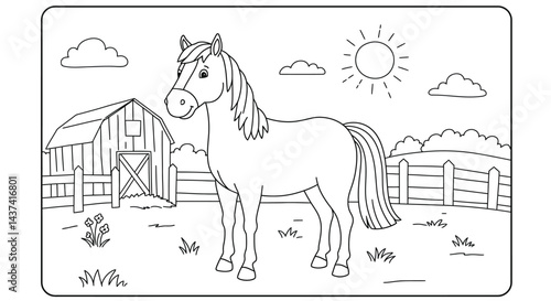 Kids Coloring Page Simple Doodle Outline Horse on Farm Character