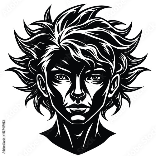 Stylish Black & White Portrait Intense Gaze, Angular Face, Wild Hair, Art