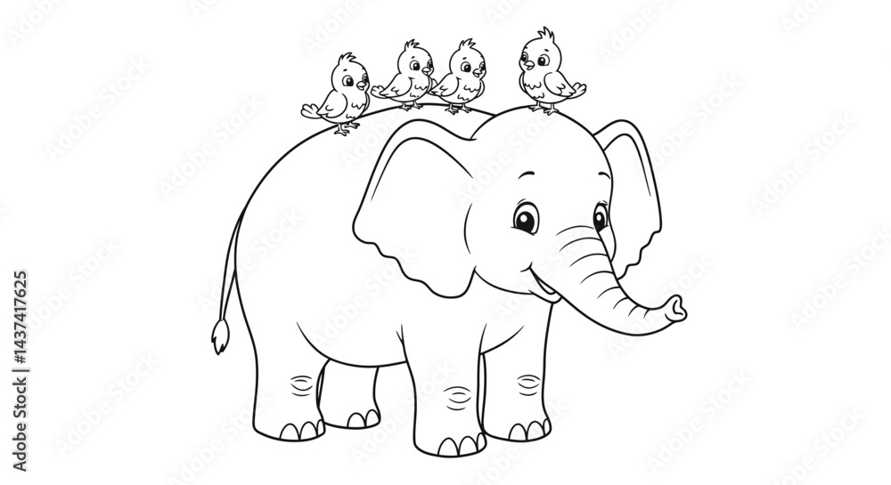 Fototapeta premium Elephant with Cute Bird Outline Childrens Coloring Page