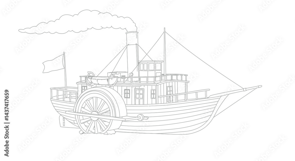 Fototapeta premium Outline of Early Steamship with Smokestack Kids Coloring Book