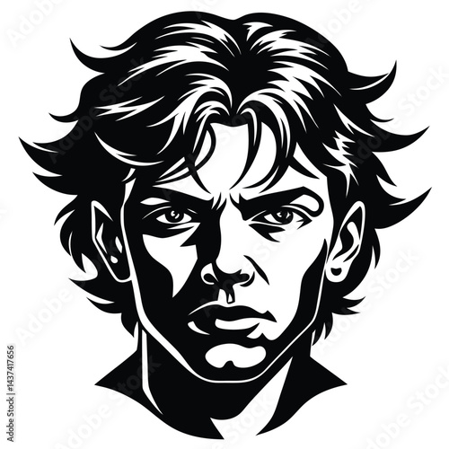 Intense Gaze Monochrome Portrait of Young Adult Male with Wild Hair and Strong Features