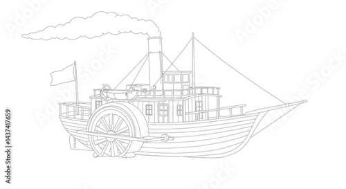 Outline of Early Steamship with Smokestack Kids Coloring Book
