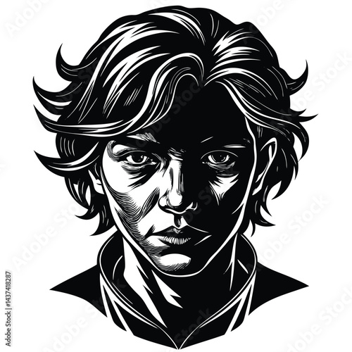 Monochromatic Portrait Young Adult, Intense Gaze, Bold Black and White