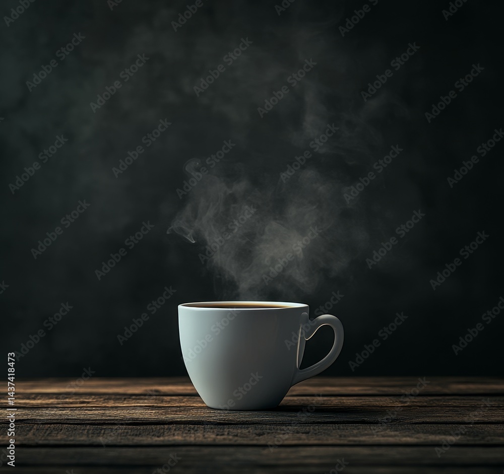 Warmth is emitted by a cup of steaming coffee that is sitting on a wooden table on a warm morning Warmth is emitted by a cup of steaming coffee that is sitting on a wooden table on a warm morning
