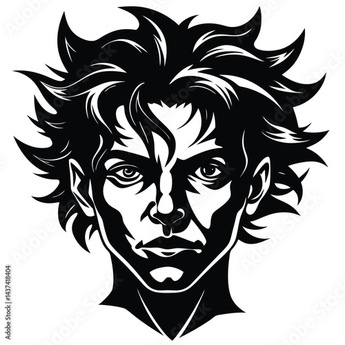 Monochromatic Portrait of a Man with Wild Hair in Novel Style, Black and White