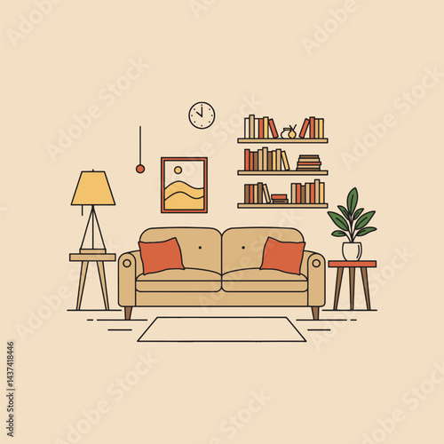Cozy living room design modern sofa bookshelf and lamp perfect home ambiance