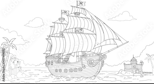 Classic Pirate Ship and Jolly Roger Flag Line Art for Imaginative Children