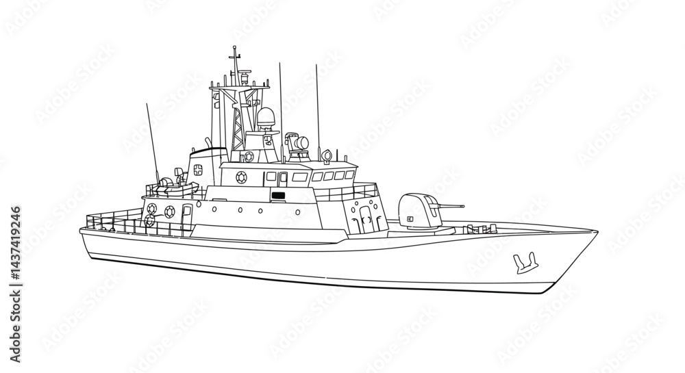 Fototapeta premium Simple Small Patrol Boat Outline Drawing for Maritime Vehicle Coloring Activities