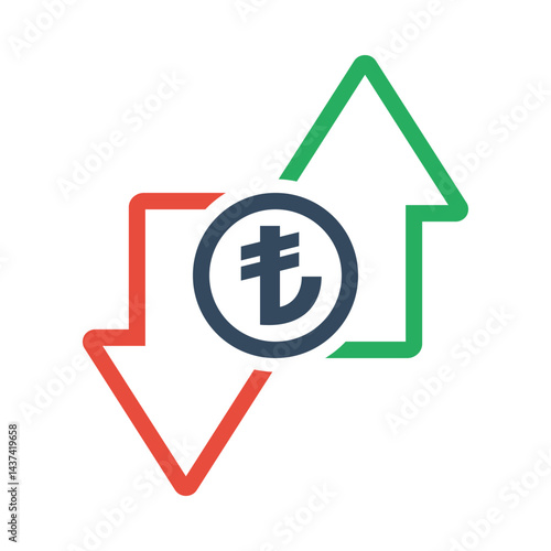 turkish lira coin with green up and red down arrows, tax or inflation indicator, price or income vector outline icon