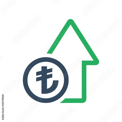 turkish lira coin and green arrow, positive economic dynamic concept, turkish currency increase exchange rate indicator