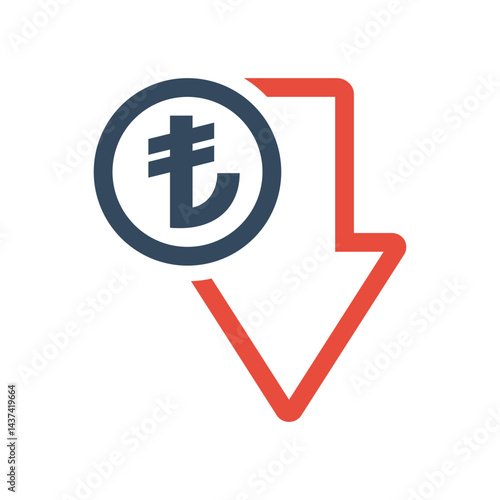 turkish lira coin and red down arrow, negative economic dynamic concept, turkish currency decrease exchange rate indicator