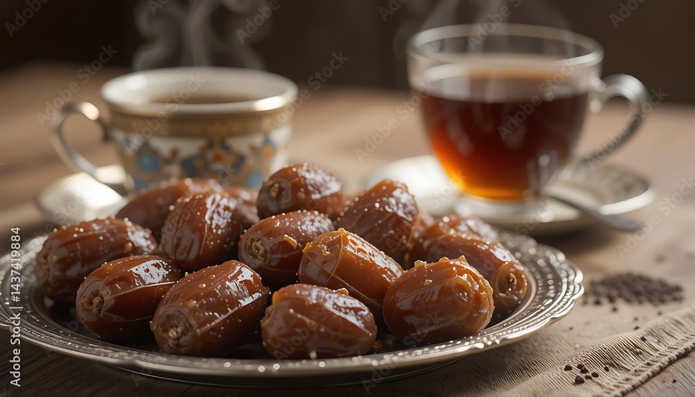 Delicious Dates and Hot Tea Served on Wooden Table Background Delicious Dates and Hot Tea Served on Wooden Table Background