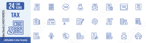 Tax web icons in line style. Contains icons as tax, VAT, accounting, payment, refund, taxation and more. Vector illustration.