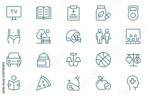 Hobby linear icon collection. Contain linear outline icons party, hiking, adventure, Recreation, vacation, activity, picnic and more. Flat icon. Vector outline and solid icons collection.