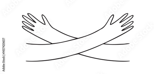 Hugging hands doodle hand drawn icon. Embrace arms support and help sign concept. Self care and love outline drawing line clipart symbol