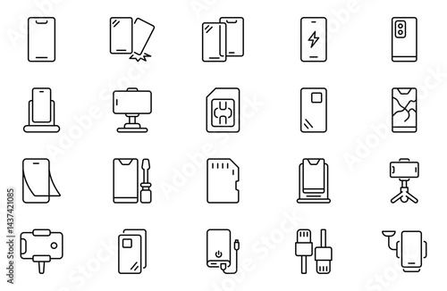 Mobile accessories line icon set, power bank, headset, cable, sim card, phone case, wireless charger, phone protection,  Editable stroke. Vector illustration