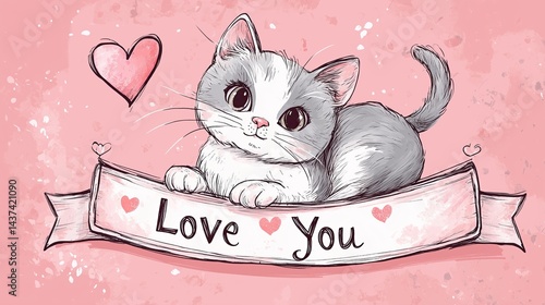 Cute Cartoon Kitten with Big Sparkling Eyes and Playful Expression