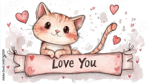 Cute Cartoon Kitten with Big Sparkling Eyes and Playful Expression