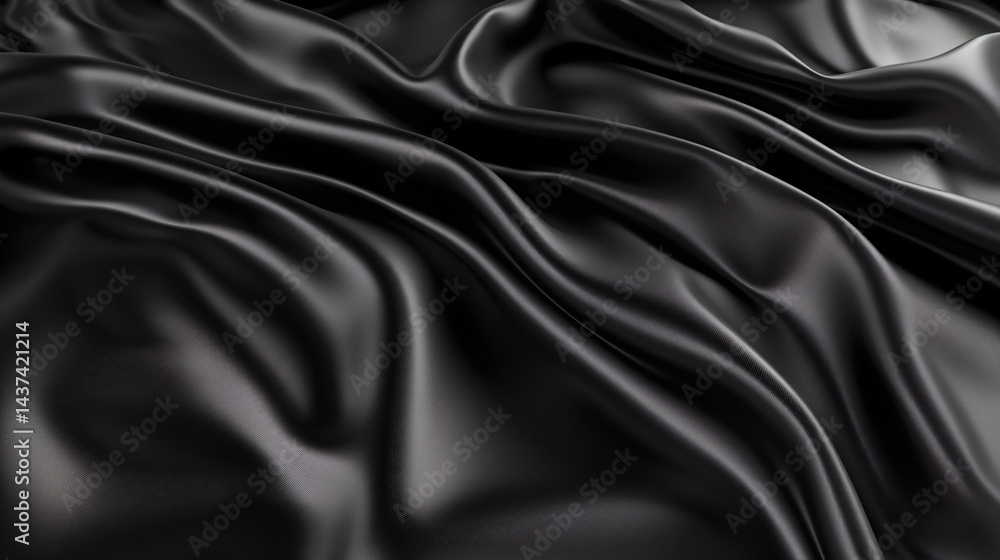 Obraz premium Elegant plain black fabric background with smooth gradient, flowing curves, and glowing wave-like textured appearance.