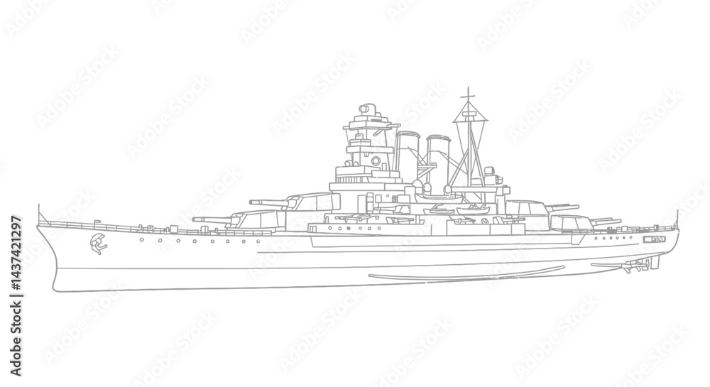 Fototapeta premium Historical WWI Era Dreadnought Ship Outline Battleship Naval Vessel Line Art