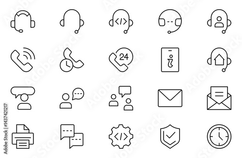 Customer Service and Support line icon set. Thin-line modern style of customer service icons: feedback, technical support, assistance, information, and more. Editable stroke outline icon.