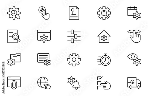 Setting and setup line icon set. app and website settings icon set. options, configuration, preferences, adjustments, tools, gear, control panel, management, and productivity icons.
