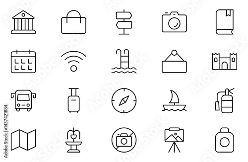 Museum ancient exhibit and service for tourist visit line icons set. Classic pillar, sculpture and painting, book and jewel, museum staff badge thin black and red outline symbols vector illustration