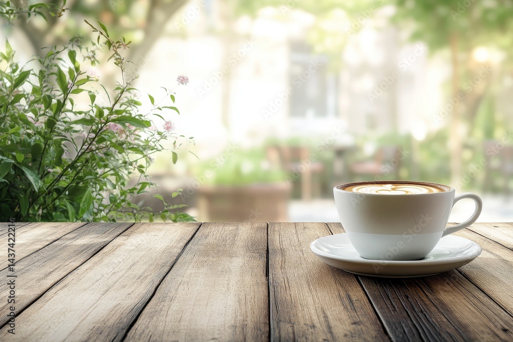 On a rustic wooden table, a cup of cappuccino with a light dusting of cinnamon rests, illuminated by the soft, natural light that streams in from a nearby window On a rustic wooden table, a cup of cappuccino with a light dusting of cinnamon rests, illuminated by the soft, natural light that streams in from a nearby window