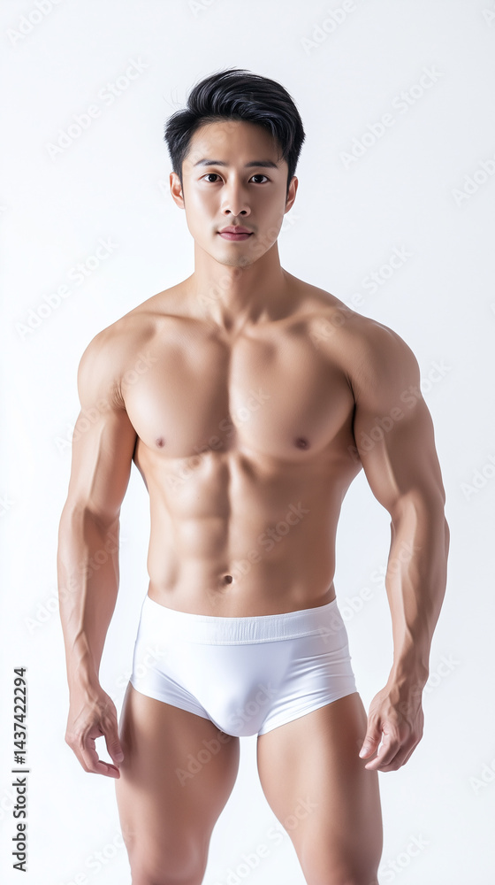 Fototapeta premium Attractive Male Model Wearing Elegant White Swim Briefs by the Water