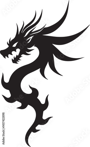 Dragon tattoo design, vector illustration, Dragon logo, black and white illustration of a stylized dragon, transparency background.