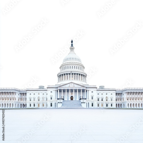 The US Capitol Building at dusk, against a white background,
