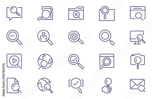 Search line icon set. Zoom, binoculars, find document, magnify glass, web, browse, digital marketing, data analysis.