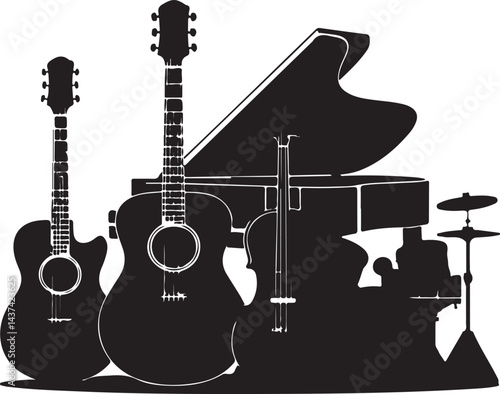 Silhouettes of Electric Guitars, Stylized Guitar Designs , Musical Instrument Graphics