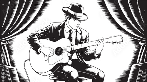 Jazz Performer with Guitar silhouette , Stylized Musician Illustration, Classic Acoustic Performance