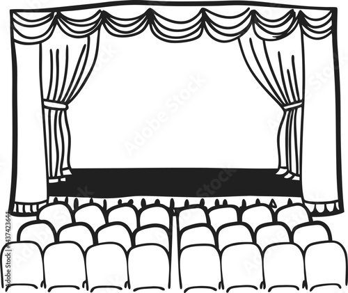 Theater Stage  line art Illustration, Curtains and Empty Seats, Hand-Drawn Performance Scene vector art illustration. outline drawing theater stage with certain chair