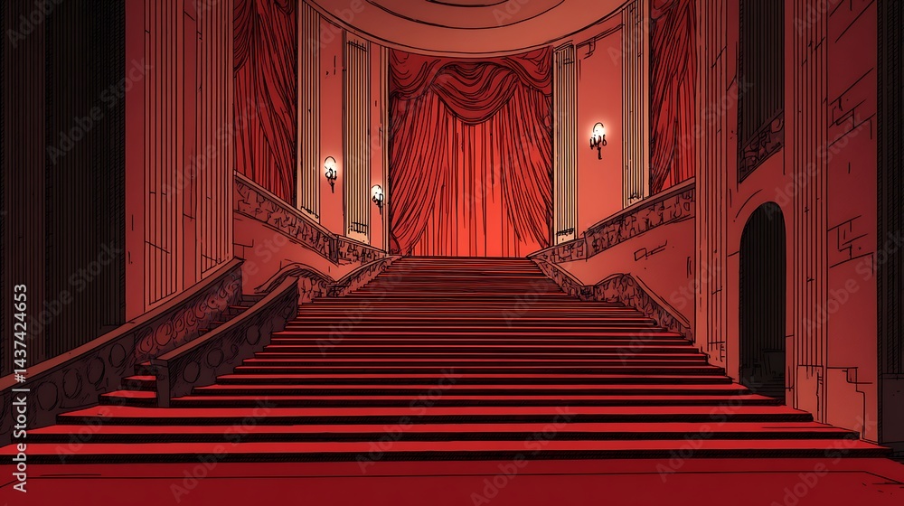 Fototapeta premium Red Staircase Leading To Grand Hall With Ornate Architecture and Dramatic Lighting