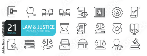 Set of line icons related to justice, law, judgement, crime. Outline icons collection. Editable stroke. Vector illustration