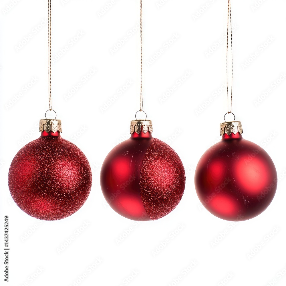 Three hanging red Christmas ornaments isolated on a white background, Three hanging red Christmas ornaments isolated on a white background,