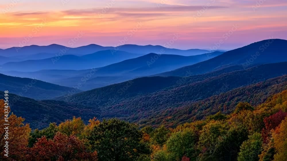 Vibrant autumn sunset over rolling hills with layers of colorful forest Vibrant autumn sunset over rolling hills with layers of colorful forest