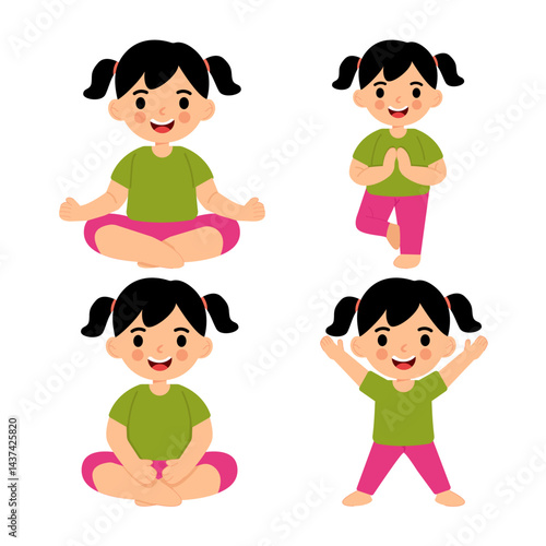 Young kids Girl in different yoga poses on white background. Vector illustration