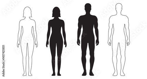 human body man and woman silhouette, male and female figure. vector monochrome isolated person outline standing full height. Outline and black people anatomy representation